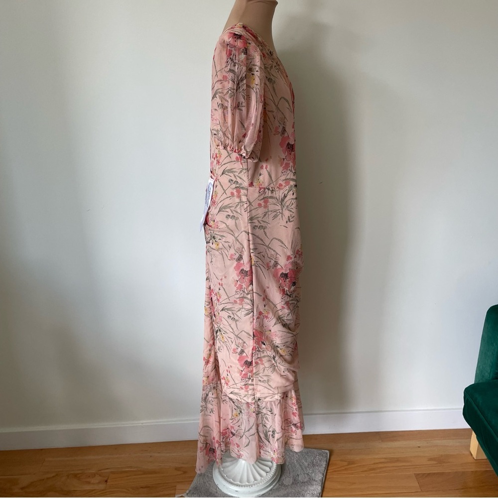 BCBGMAXAZRIA 1 Shoulder Asymmetric Ruffle Pink Floral Midi Evening Dress NWT XL - Picture 7 of 11